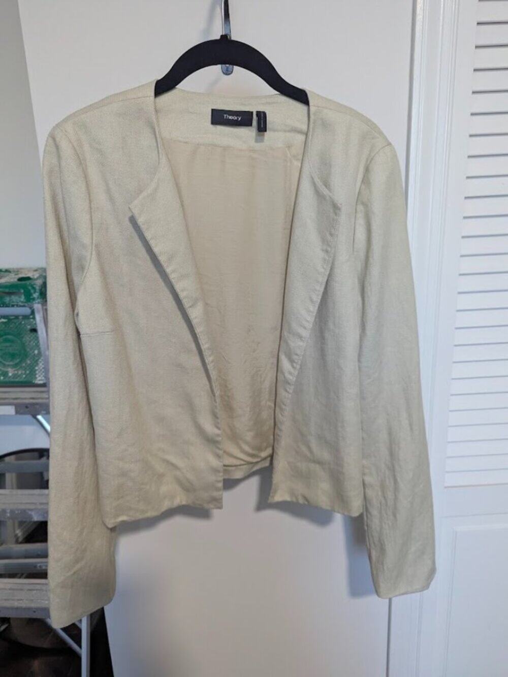 Theory Luxe Linen Blend Cream Collarless Open Front Minimalist Jacket S/M